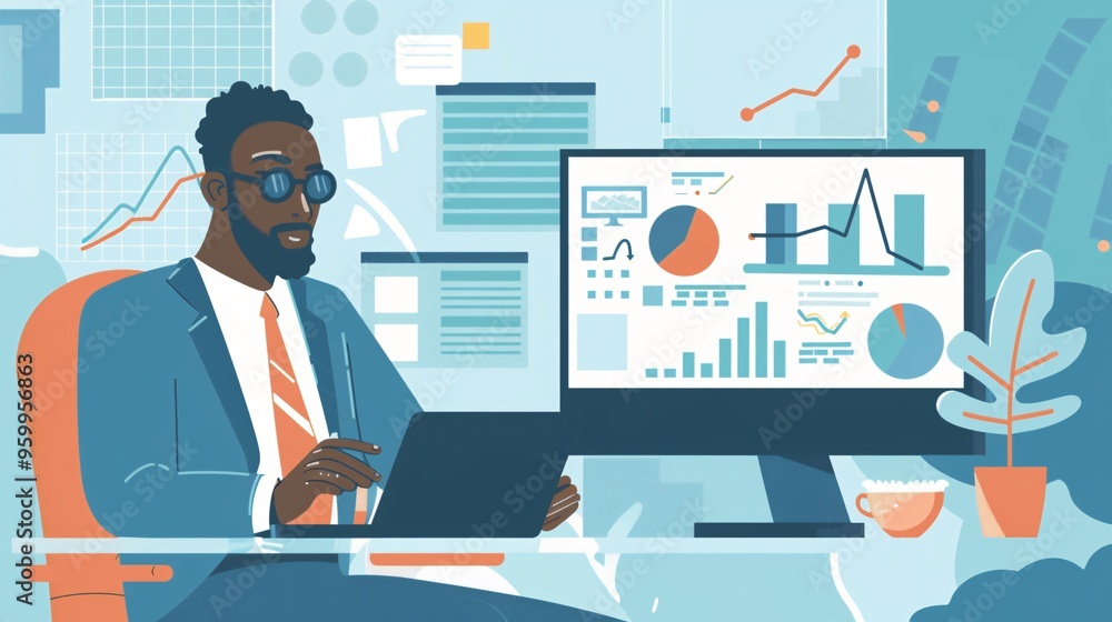 Poster businessman analyzing data charts on computer screen