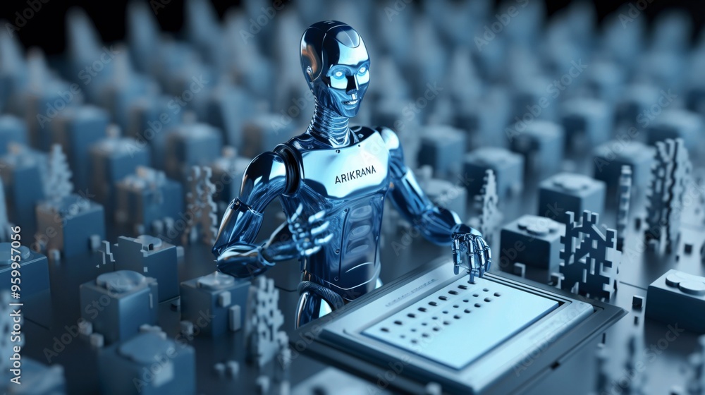 Aufkleber futuristic robot with digital interface working in a cyber city
