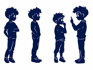 silhouette of a young boy, multiple poses and expressions, isolated