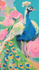 Obraz premium Colorful peacock painting with flowers