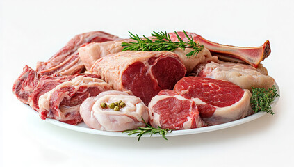 A variety of fresh, raw cuts of lamb meat, including loin chops, leg, shoulder, and shanks, arranged on a white plate with fresh rosemary and thyme sprigs.