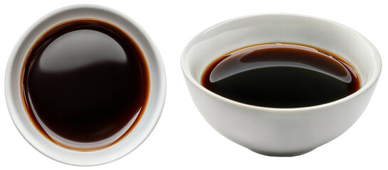Top and side view bundle of dark soy sauce served in white bowls, isolated on transparent background, perfect for Asian cuisine, seasoning visuals, and culinary content