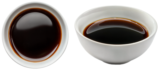 Top and side view bundle of dark soy sauce served in white bowls, isolated on transparent background, perfect for Asian cuisine, seasoning visuals, and culinary content