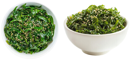 Top and side view of fresh seaweed salad with sesame seeds served in white bowls, isolated on transparent background, perfect for Asian cuisine, healthy recipes, and vegan food photography