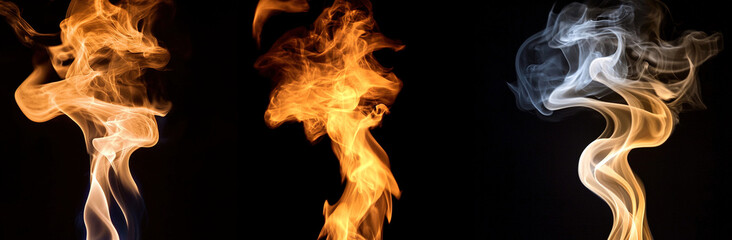 Four distinct panels showcasing different types of flames, isolated on a black background, captured in high-resolution photography. Each panel highlights a unique flame pattern, creating a dramatic an
