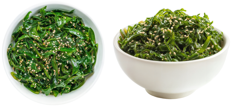 Top and side view of fresh seaweed salad with sesame seeds served in white bowls, isolated on transparent background, perfect for Asian cuisine, healthy recipes, and vegan food photography