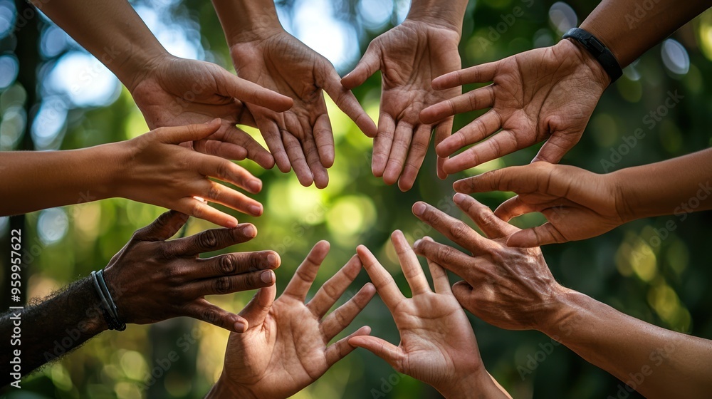 Aufkleber a group of hands forming the shape of a zero together, representing unity and zero tolerance.