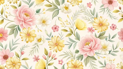 Delicate, hand-drawn floral pattern of soft pink and yellow blooms on a smooth, creamy white seamless background, perfect for design, printing, and digital art.