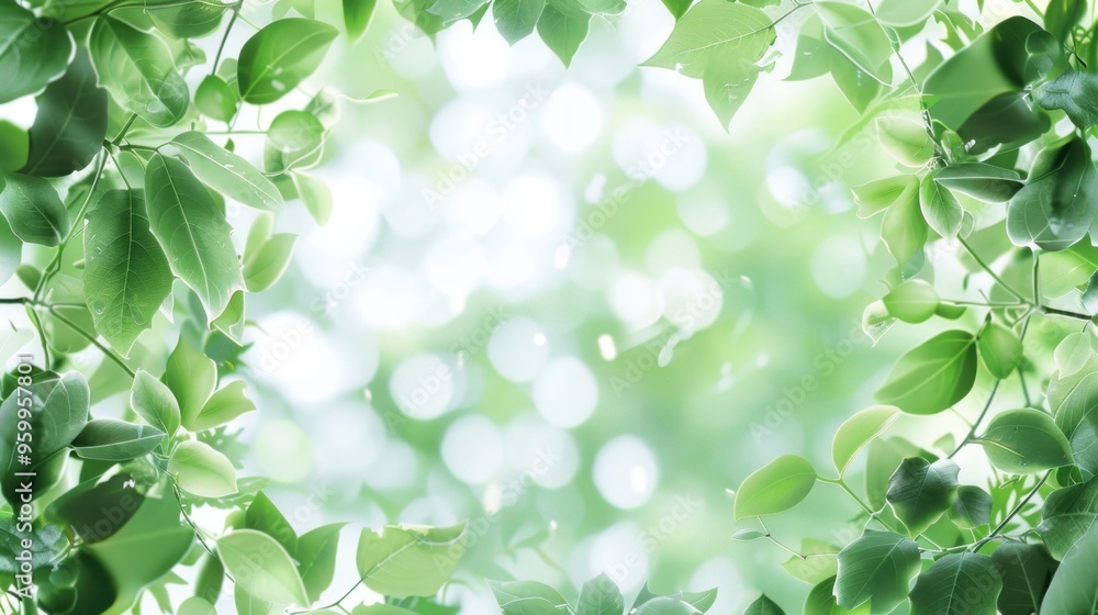 Poster green leaf frame with soft bokeh background