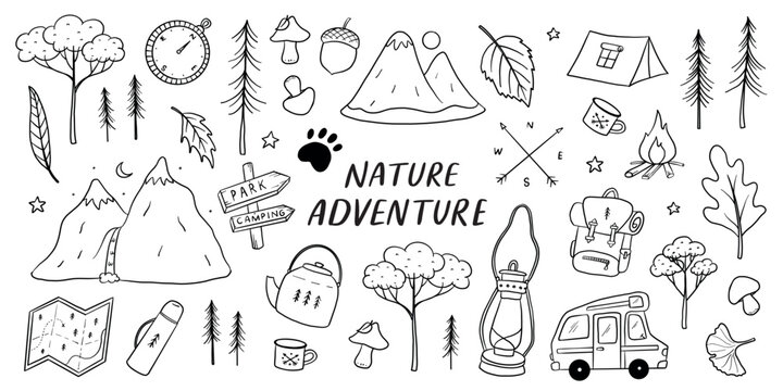 Camping, hiking, adventure doodles collection for coloring books, prints, cards, social media, stationery, wallpaper, banners, etc. EPS 10 