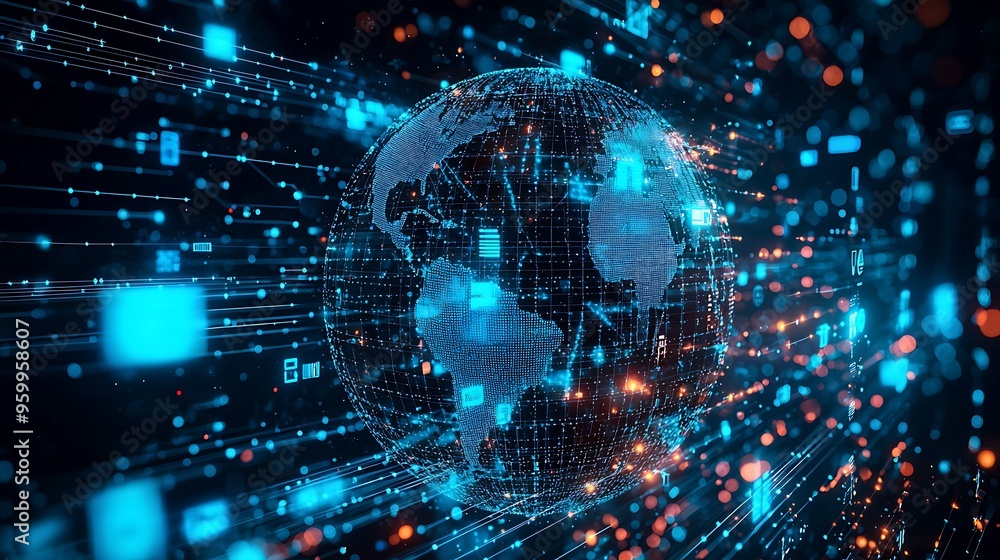 Poster a digital globe illuminated by bokeh lights, with data connections flowing like a network of bright 