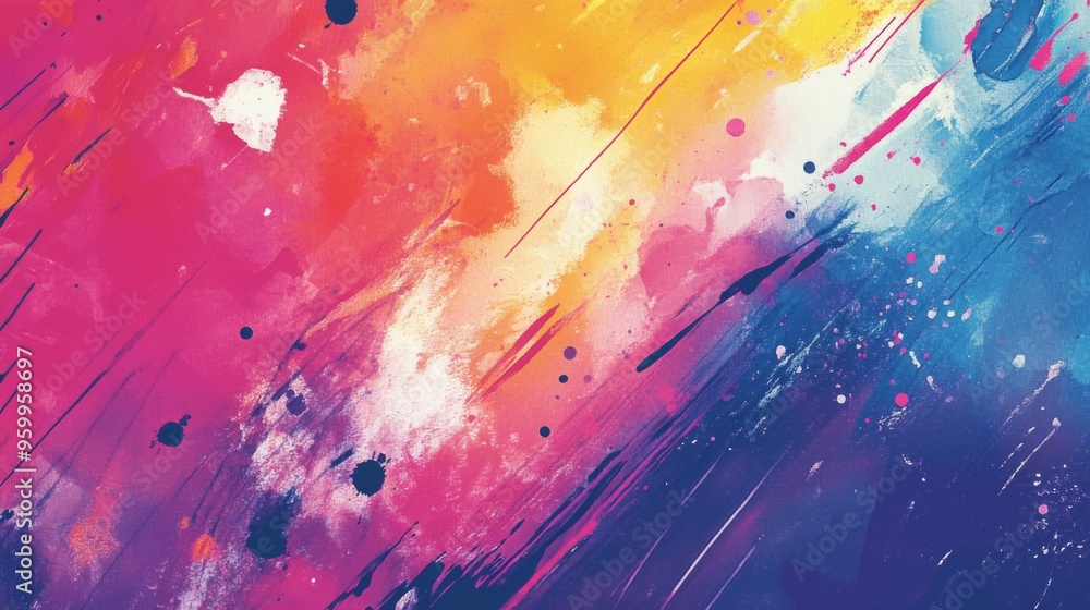 Poster a vibrant abstract background with splashes of watercolor and bold brush strokes, creating an artist