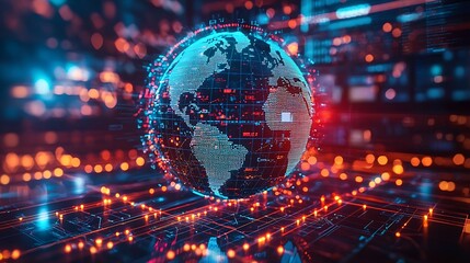 Obraz premium A digital globe adorned with red and blue lights, glowing on a complex circuit board.