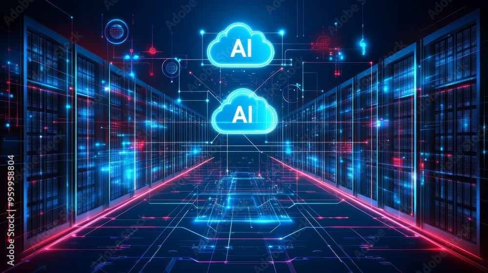 Aufkleber ai cloud computing, artificial intelligence technology. futuristic server room. 3d illustration.