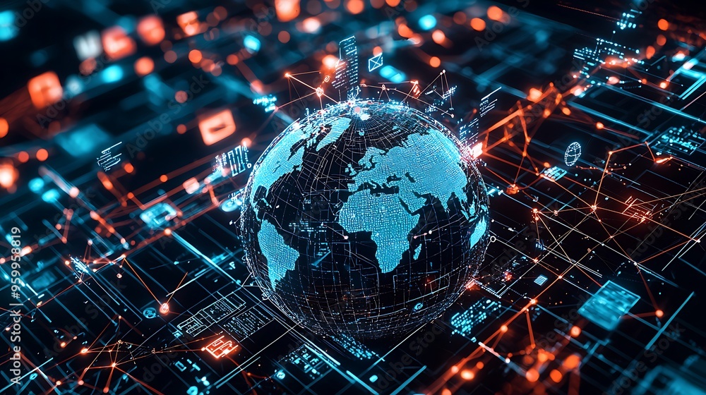 Poster a digital globe entwined with abstract lines, representing a vast global network of connections.
