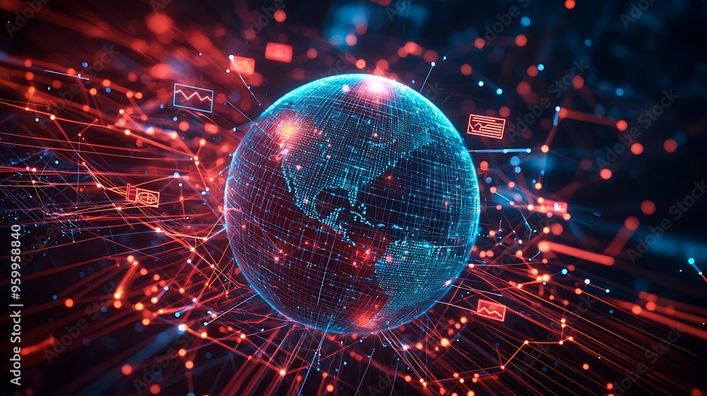 Poster a digital globe wrapped in red and blue lines, symbolizing global connectivity and data flow.