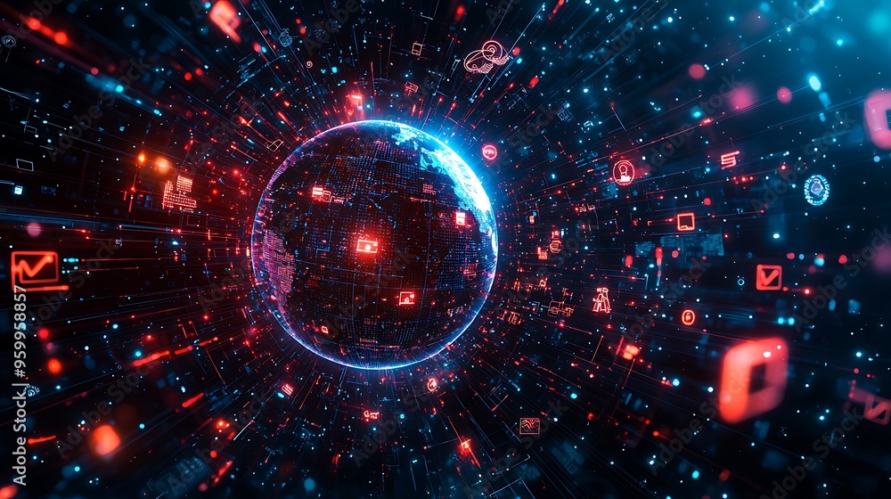 Poster a vibrant global network depicted with flowing red and blue data streams and digital icons.
