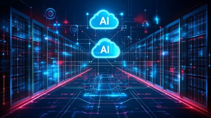 AI Cloud Computing, Artificial Intelligence Technology. Futuristic Server Room. 3D Illustration.