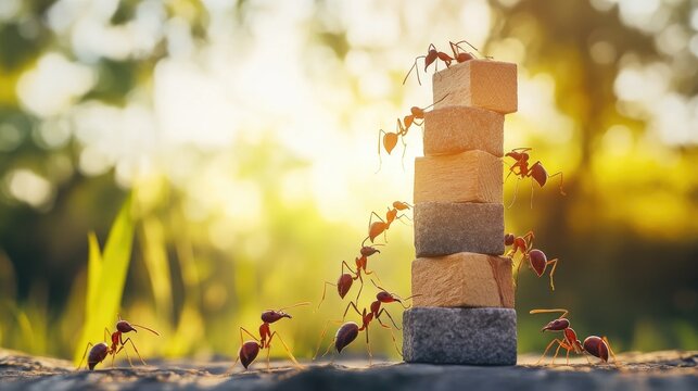 Ants Working Together to Build a Tower in the Sunset