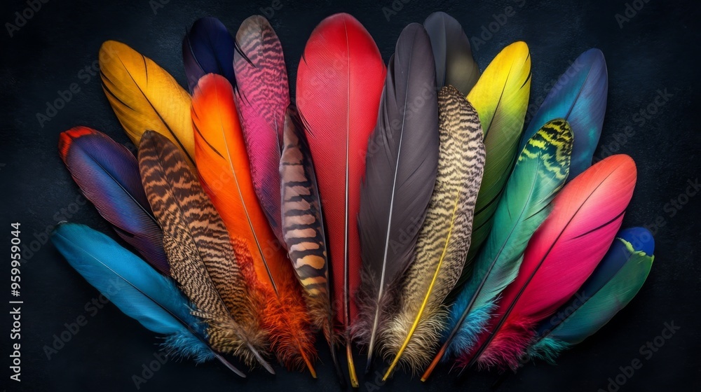Poster A vibrant collection of colorful feathers arranged in a fan shape on a dark background, showcasing a variety of hues and textures.