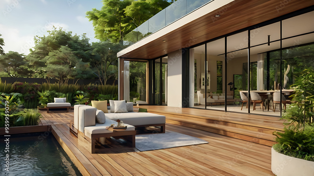 Wall mural modern contemporary house with wood deck terrace, minimalist outdoor furniture, and floor-to-ceiling