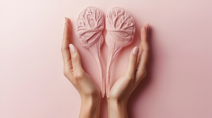Woman hand holding uterus shape made frome paper on pink background. Awareness of uterus illness such as endometriosis, PCOS, or gynecologic cancer.