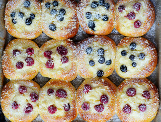 Polish sweet yeast Butter buns with vanilla pudding and berries and streusel sprinkled with powdered sugar.style hugge .top veiw