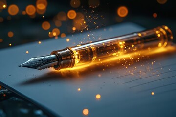 ethereal business concept glowing pen hovering over pristine white notepaper radiating ideas in luminous tendrils soft focus background with shimmering particles of inspiration