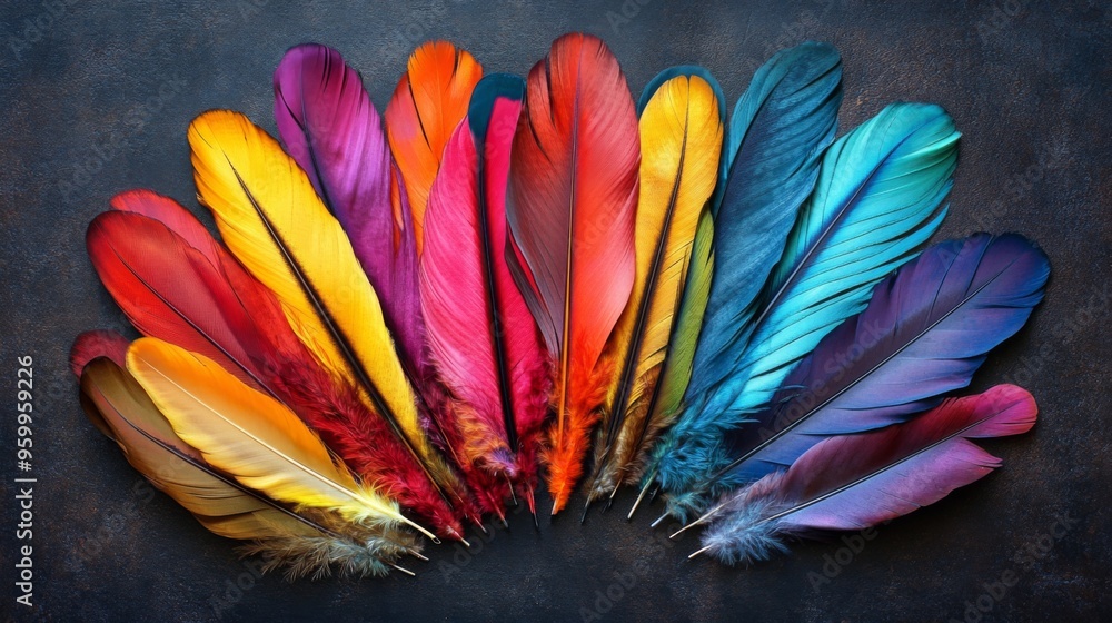 Poster A vibrant collection of colorful feathers arranged in a fan shape on a dark background, showcasing a variety of hues and textures.