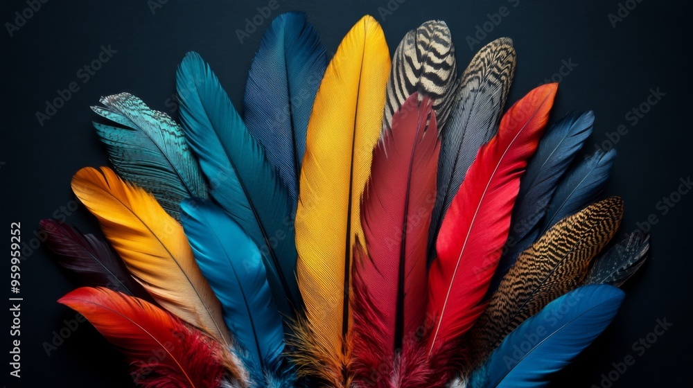 Poster A vibrant collection of colorful feathers arranged in a fan shape on a dark background, showcasing a variety of hues and textures.