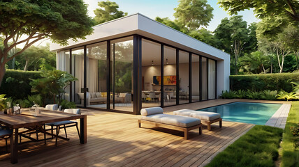 Obraz premium Modern contemporary house with wood deck terrace, minimalist outdoor furniture, and floor-to-ceiling glass windows, surrounded by lush landscaping and a luxurious, serene garden design 