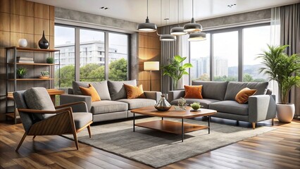 Fototapeta premium Tasteful living space boasts a plush sofa, stylish armchairs, and a chic coffee table, rented from a furniture