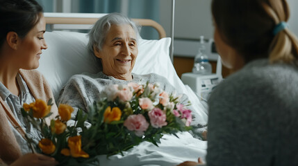 Obraz premium Elderly Patient in Hospital Bed Receiving Flowers From Visitors