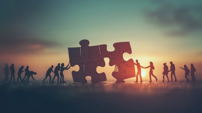 Silhouettes of People Working Together to Complete a Puzzle at Sunset