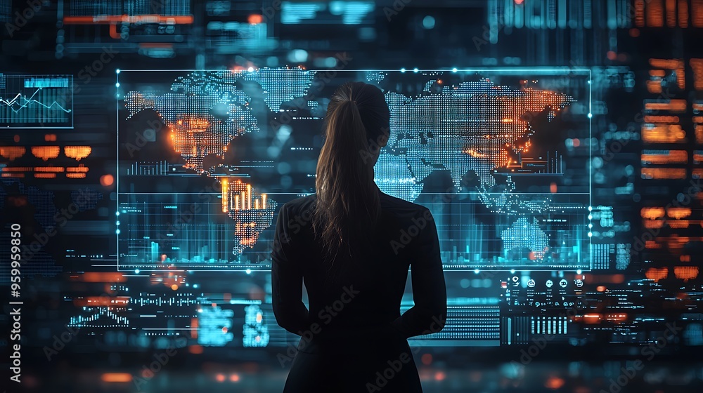 Poster a woman gazes at a digital screen, immersed in a world map and complex data visualizations.