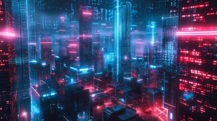 Obraz premium A vibrant cityscape illuminated with neon lights and glowing skyscrapers, capturing a futuristic urban environment. Perfect for sci-fi, cyberpunk, and modern city-themed projects.