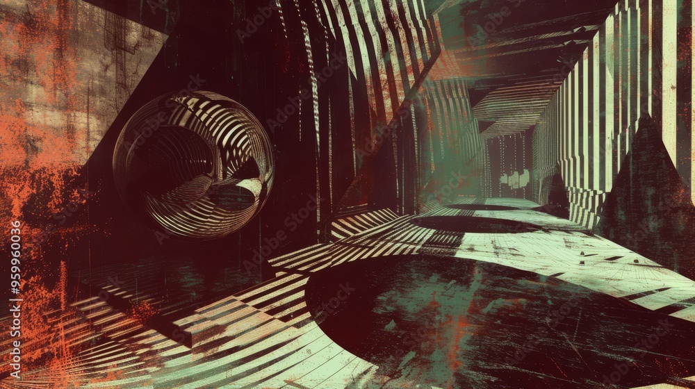 Poster an abstract architectural scene featuring dramatic lighting and shadows, creating a striking interpl