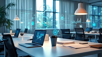 Modern office and communication network concept. Statistics of business. Management strategy.