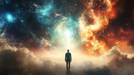 An individual stands tall, gazing into an ethereal future. This image evokes themes of leadership, strategic planning, personal growth, and motivational content. 