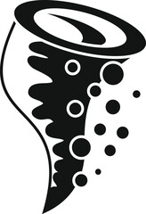 Black silhouette of a tornado rotating and moving with debris and air bubbles