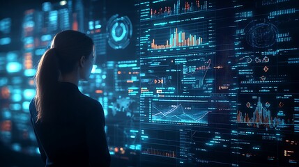 A woman analyzes futuristic data on a digital screen, embodying the blend of technology and insight.