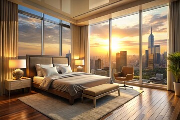Obraz premium The bedroom in the city glows with warm light, embracing the comfortable bed, stylish furniture, and expansive window