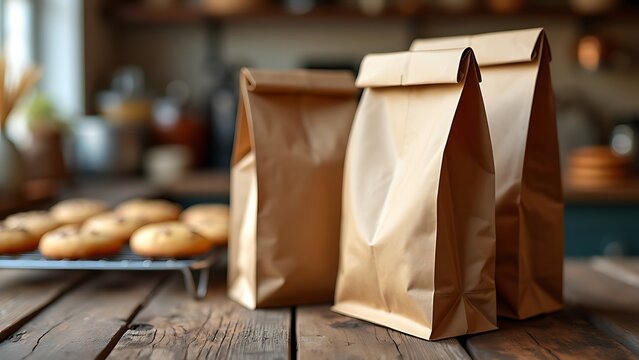 A row of blank craft paper bag packaging with soft cookies inside Mockup template Kraft paper zipper Pouch packaging for bakery snacks on wooden shelf