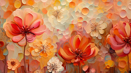 Abstract floral art background template. Oil painting of flowers in pink, red, yellow, orange and beige pastel colours. Beautiful floral oil paint digital paper.