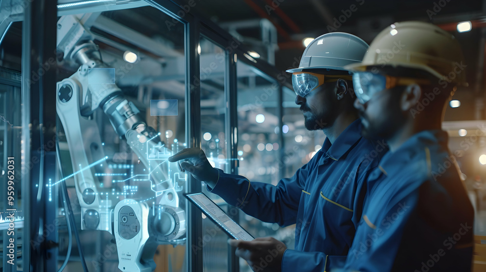 Poster industry 4.0 factory: two engineers uses digital tablet computer with augmented reality software to 
