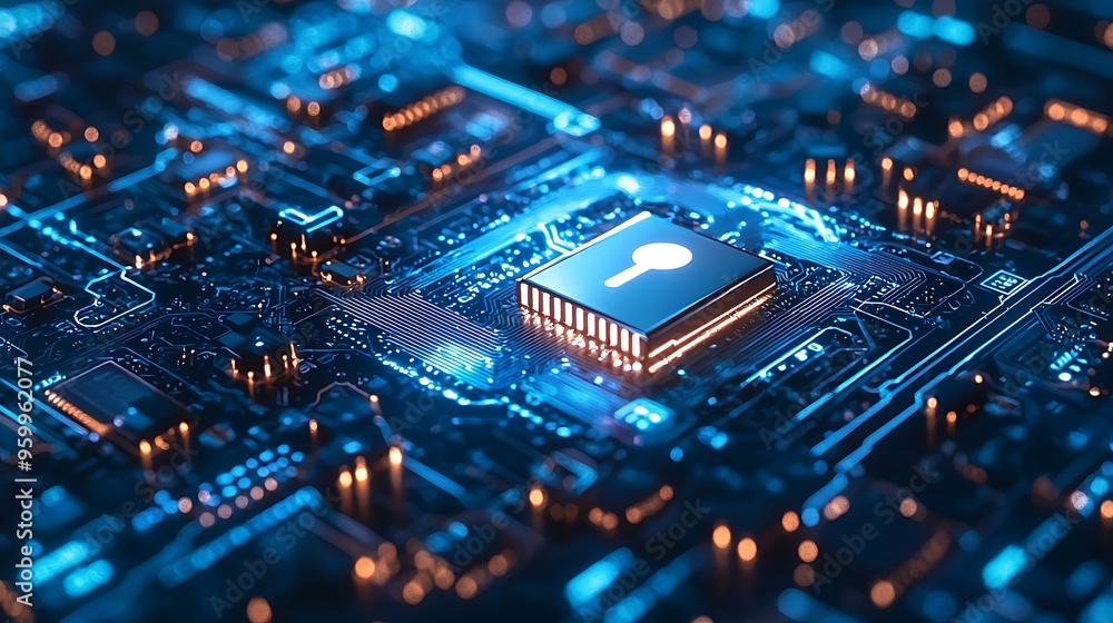 Poster a key sits on a circuit board glowing with blue and orange lights, representing cyber security conce