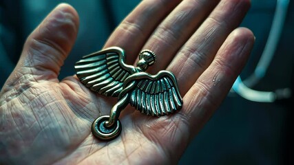 Caduceus symbol in hand, close-up view, healthcare and medicine concept