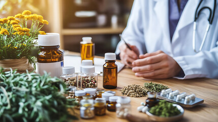 Homeopathic Doctor Consulting Patient with Herbal Remedies and Medicine