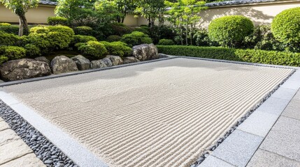 Obraz premium Explore the tranquility of a Zen garden in Kyoto, where raked sand and smooth stones create a peaceful atmosphere surrounded by green trees and mountains.
