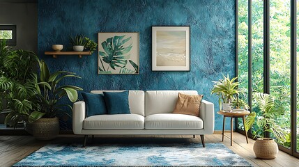A modern living space with a teal wall, white sofa, and a blue rug, adding a touch of serene sophistication.
